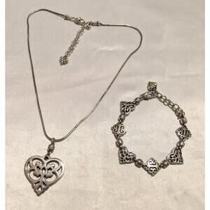 Brighton Geneva Heart Pendant Necklace & Heart Link Bracelet Set Silver Plated